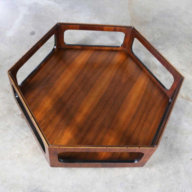 MCM Lane Alta Vista Hexagon Coffee Table Walnut and Smoked Glass Style