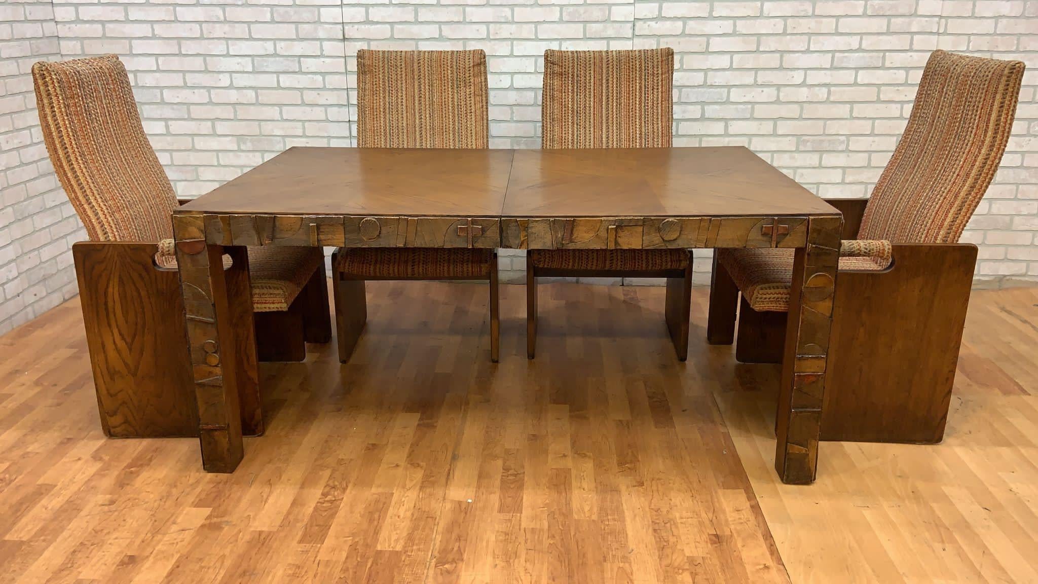 Mid Century Modern Lane Brutalist Paul Evans Style High Back Chair Dining Set - Set of 7

This amazing Lane Brutalist Dining Set in the style of Paul Evans is the perfect addition to any dining area in a Mid-Century home. This set comes with two (2)