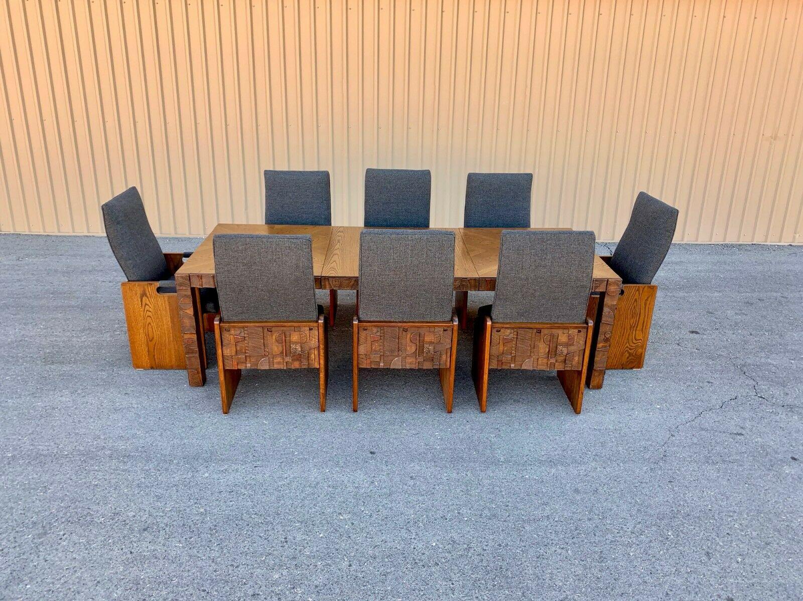 This Mid Century Modern dining room set, in the manner of Paul Evans, is LANES ode to the brutalist period/style. This is a great example of “Brutalist” mid century modern architecture & design. The set is Professionally refinished And