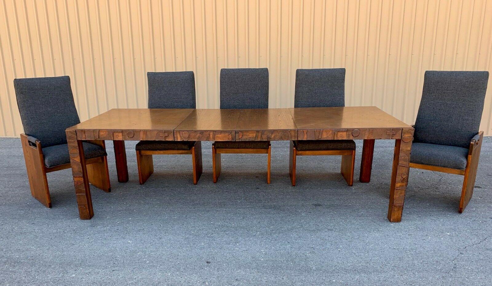 Oak MCM Lane Mid Century Brutalist Dining Table and 8 chairs style of Paul Evans
