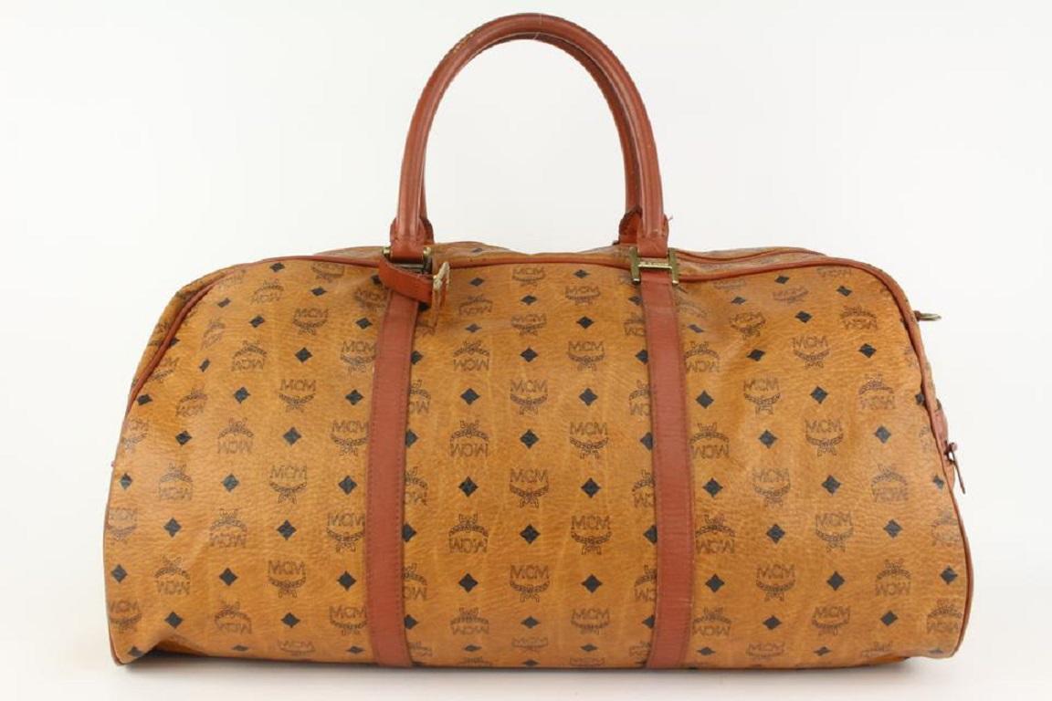MCM Large Cognac Monogram Viseto Boston Duffle Bag 106m16 In Good Condition For Sale In Dix hills, NY