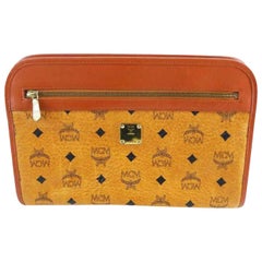 Vintage MCM Large Cognac Monogram Visetos 230971 Brown Coated Canvas Clutch