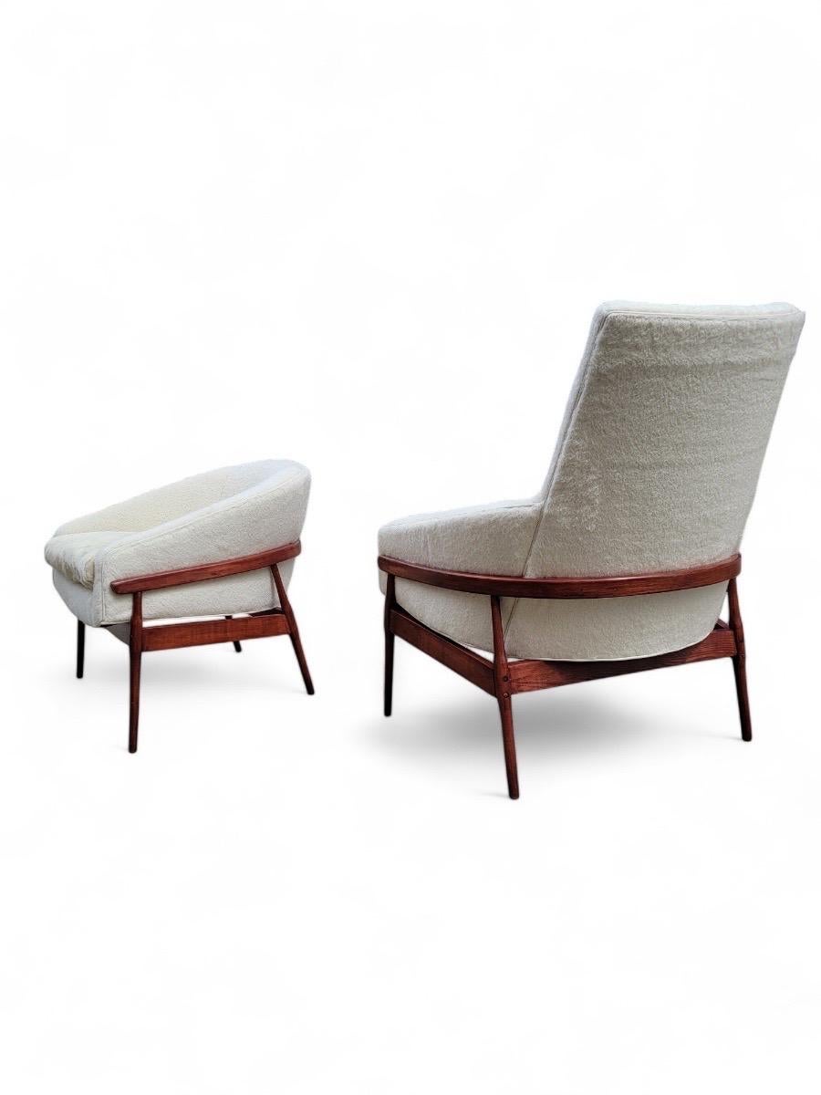 American MCM Lawrence Peabody Style High & Low  Back Lounges Newly Upholstered- Set of 2 For Sale