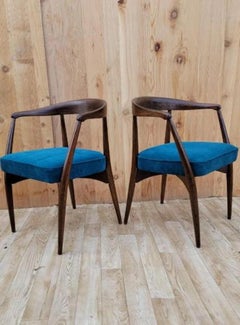 MCM Lawrence Peabody Walnut Dining Chairs Newly Upholstered in Teal - Set of 6