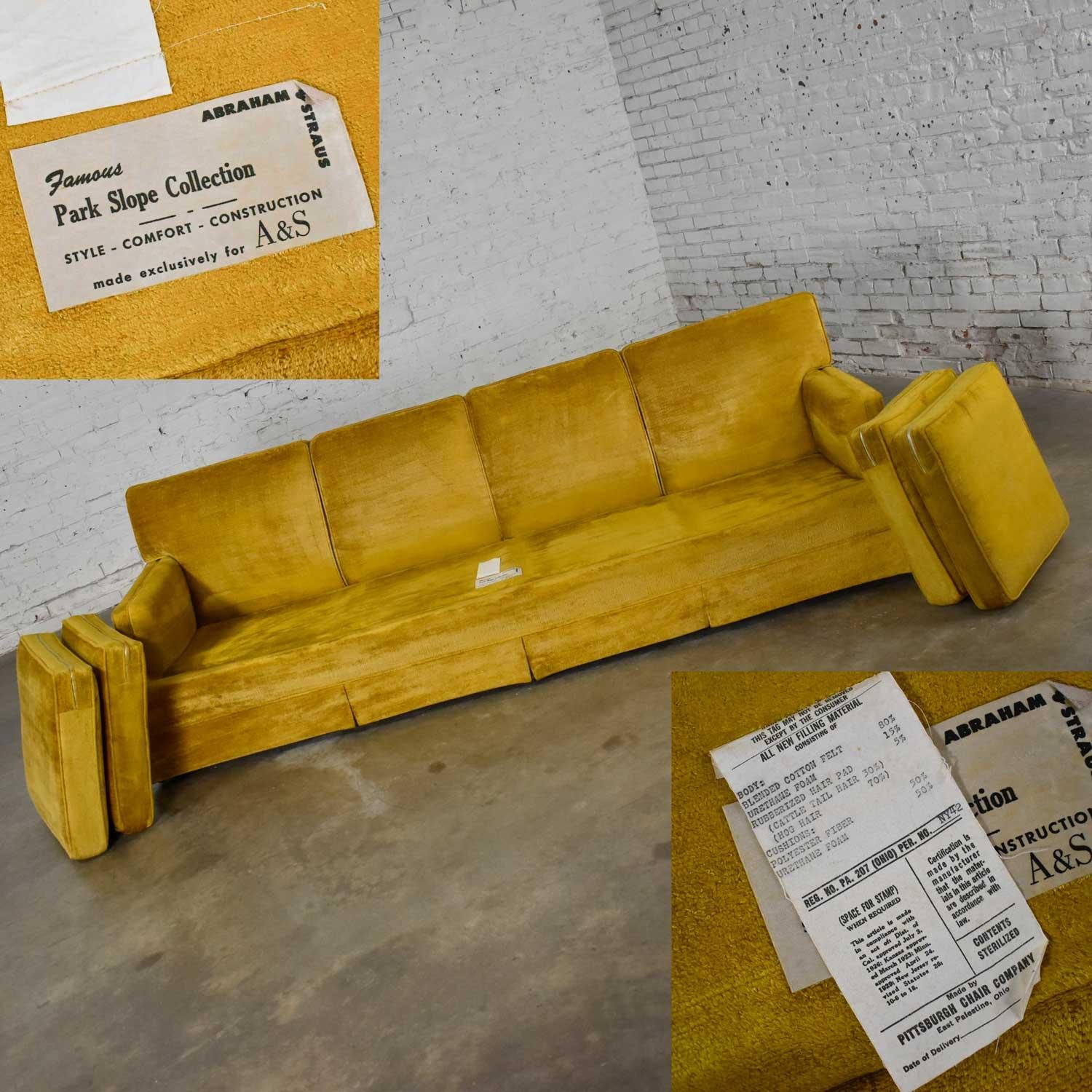 MCM Lawson Style 4 Cushion Gold Velvet Sofa Park Slope Coll. Abraham & Straus 6