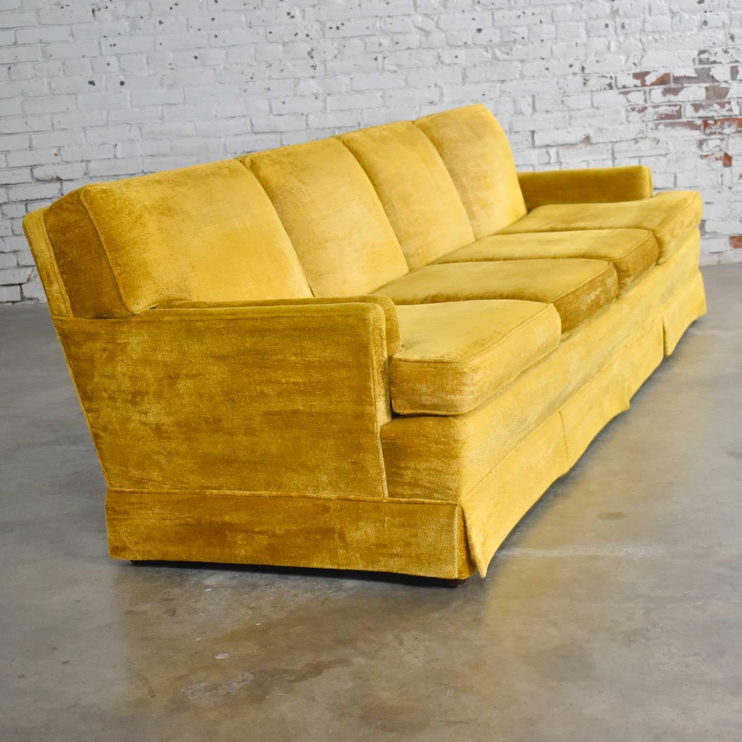 Beautiful MCM Mid-Century Modern Lawson style four cushion gold velvet sofa Park Slope Collection by Philadelphia Chair Company for Abraham & Straus. Wonderful vintage condition with wear as you would expect with vintage pieces. There is one spot on