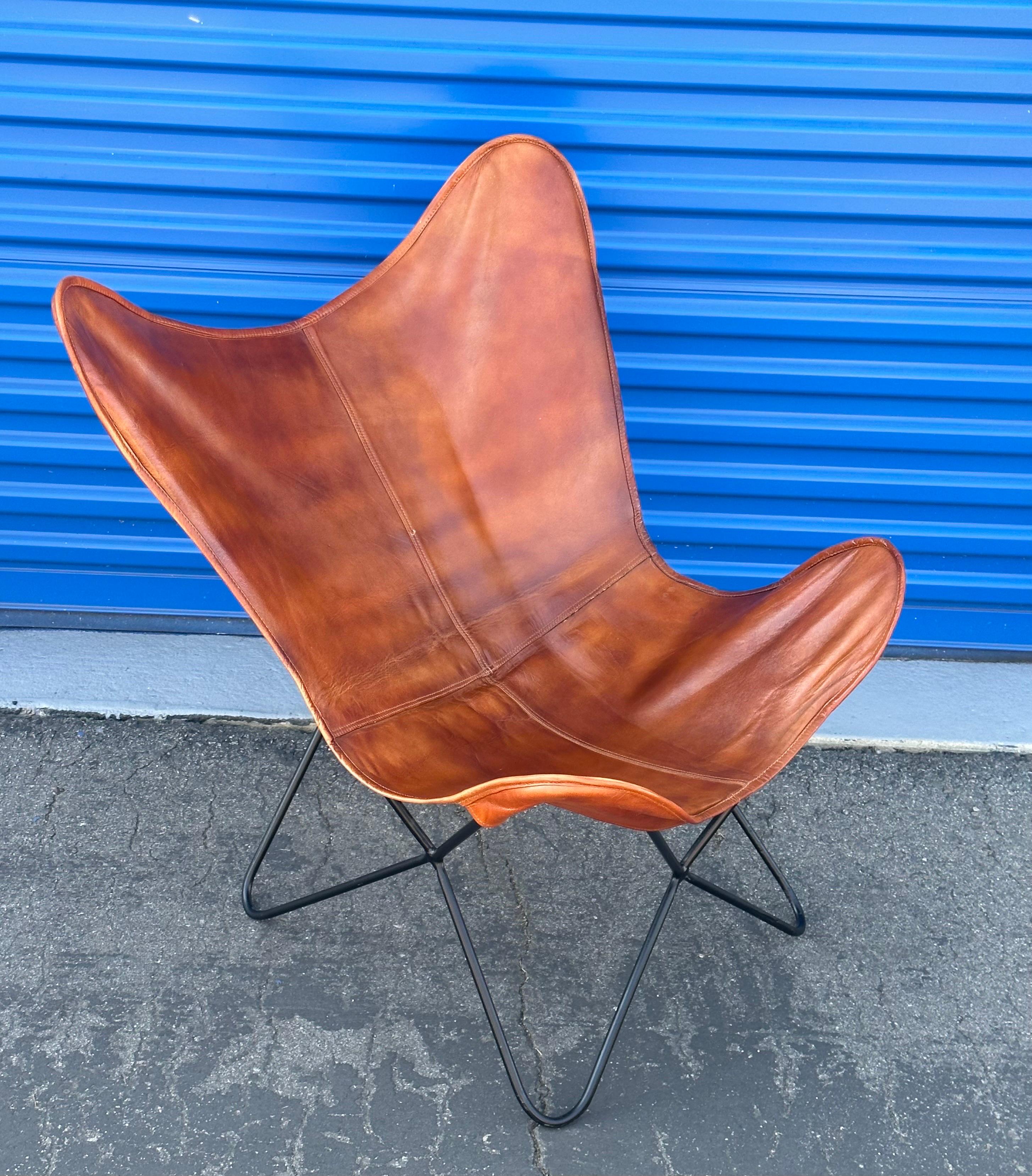 American MCM Leather and Iron Butterfly Chair For Sale