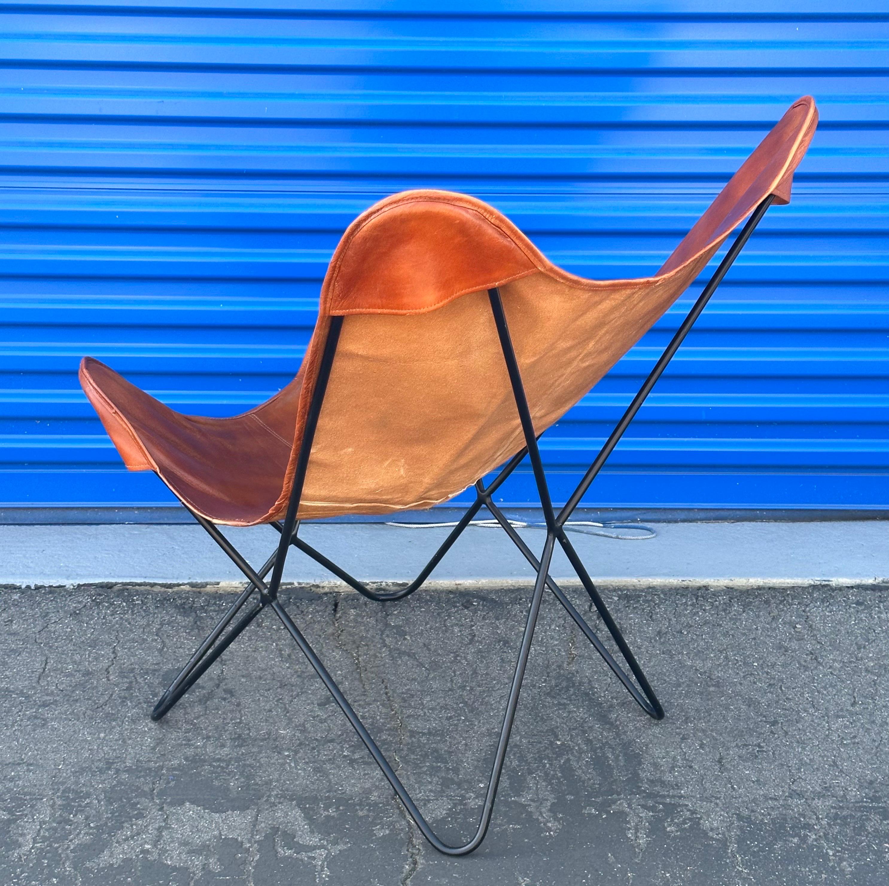 MCM Leather and Iron Butterfly Chair For Sale 2