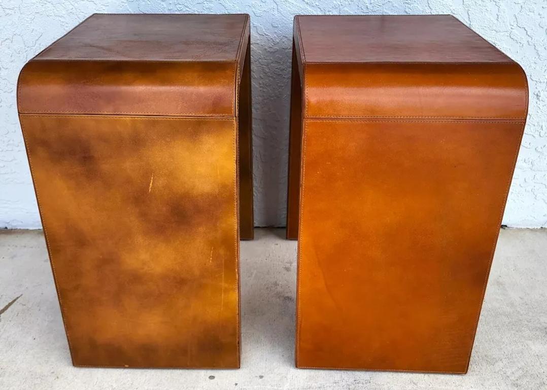 MCM Leather Wrapped Side Tables Waterfall Pair Bon état - En vente à Lake Worth, FL