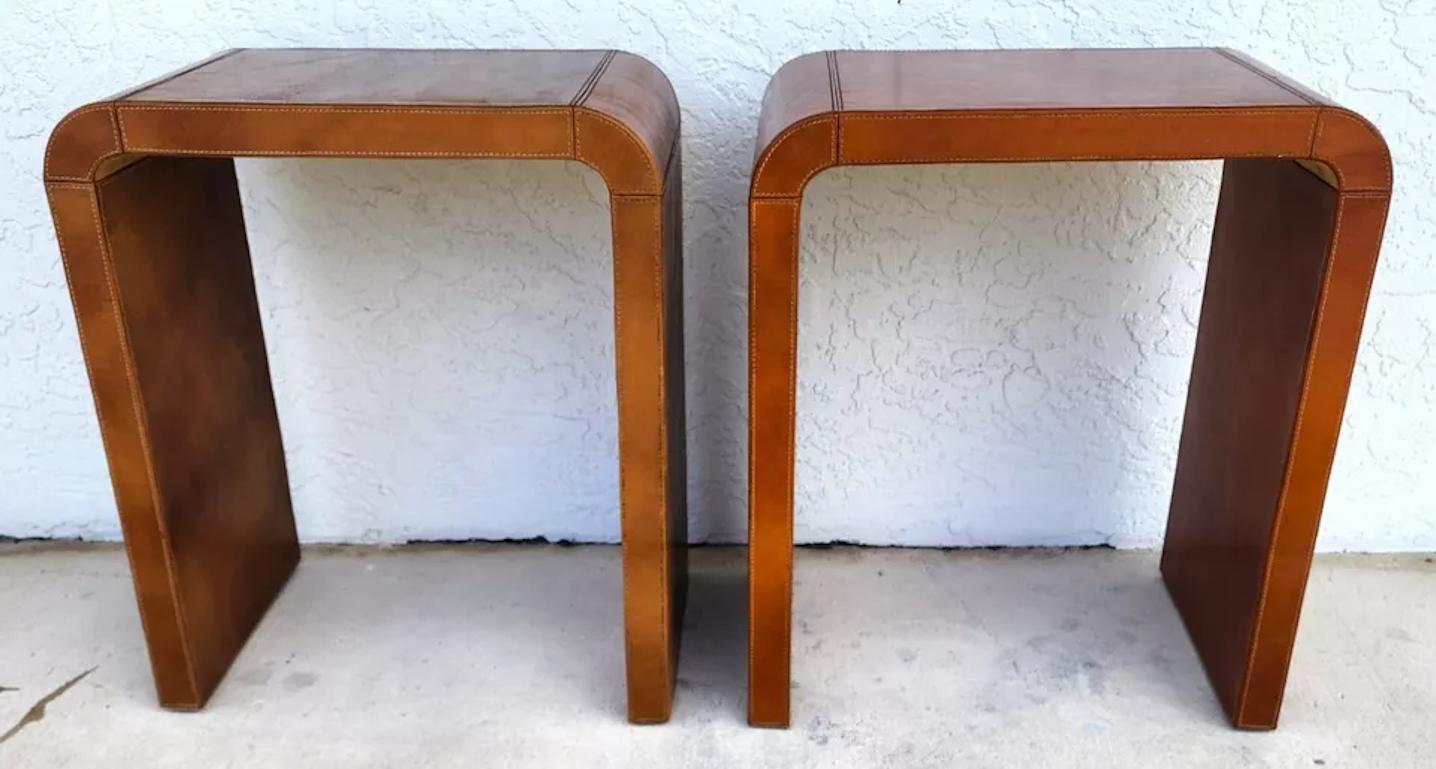 MCM Leather Wrapped Side Tables Waterfall Pair en vente 2