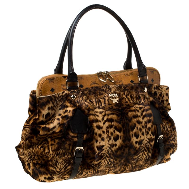 Black MCM Leopard Print Calfhair and Coated Canvas Tote