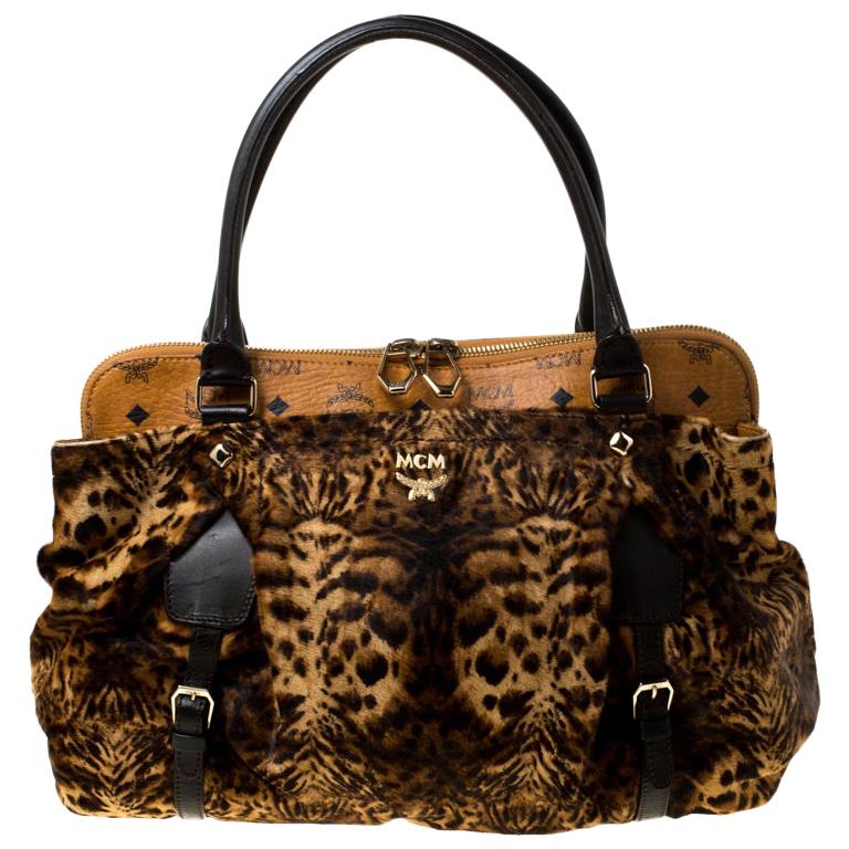 MCM Leopard Print Calfhair and Coated Canvas Tote