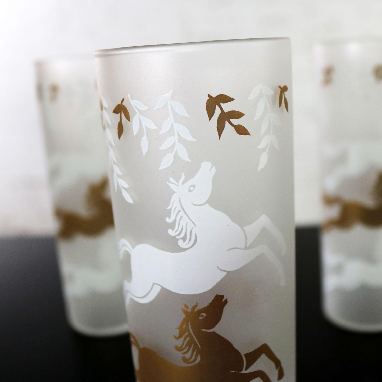 20th Century MCM Libbey Cavalcade Galloping Horse Cocktail Glasses Gold White Pilsner Collins For Sale