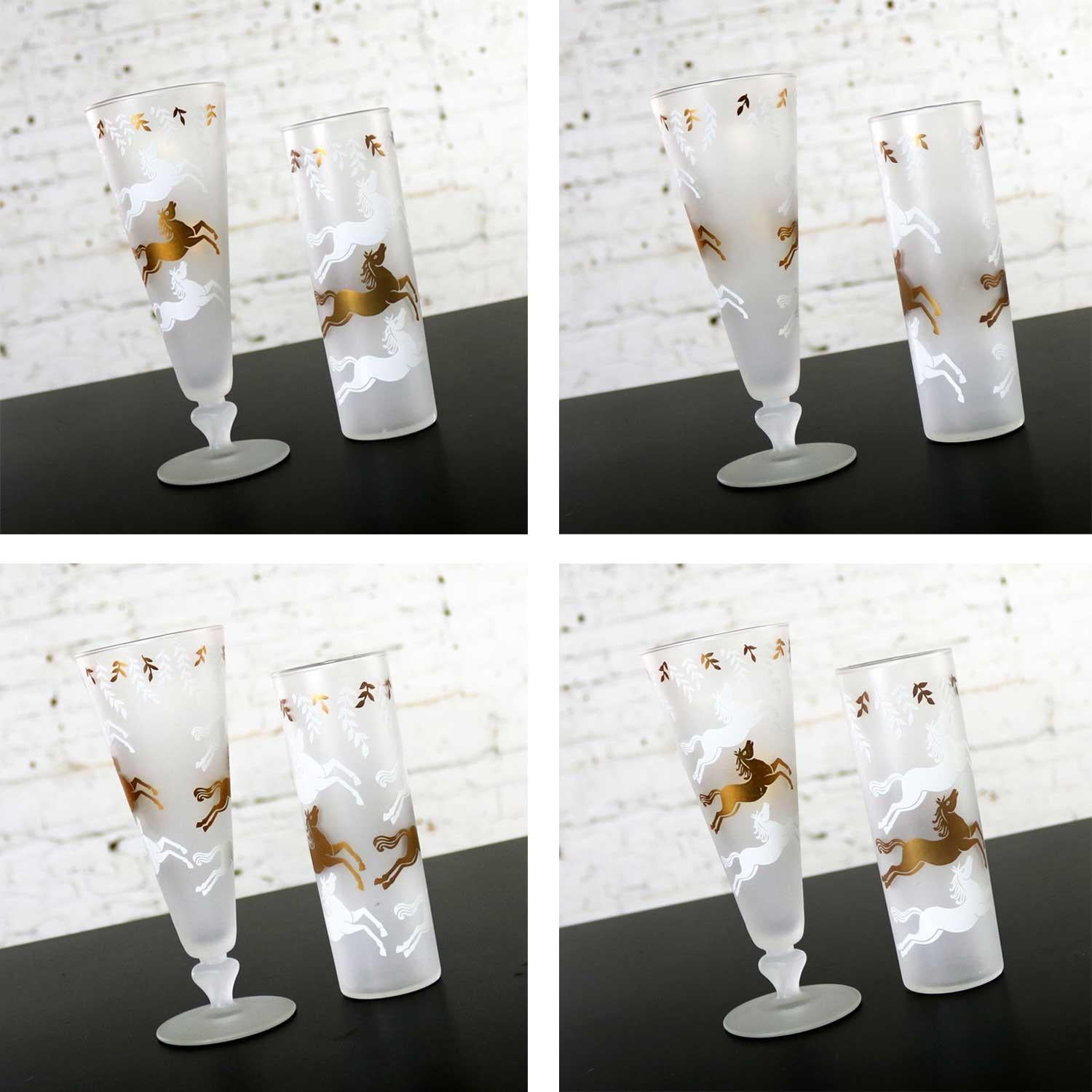 MCM Libbey Cavalcade Galloping Horse Cocktail Glasses Gold White Pilsner Collins For Sale 2