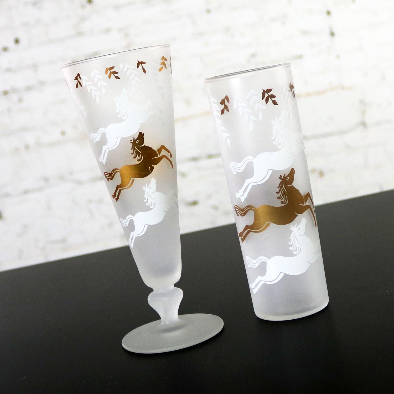 MCM Libbey Cavalcade Galloping Horse Cocktail Glasses Gold White Pilsner Collins For Sale 5