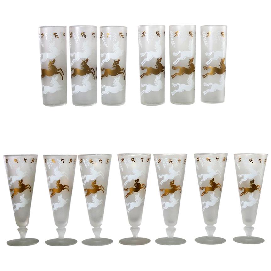 MCM Libbey Cavalcade Galloping Horse Cocktail Glasses Gold White Pilsner Collins For Sale