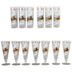 Retro MCM Libbey Cavalcade Galloping Horse Cocktail Glasses Gold White Pilsner Collins