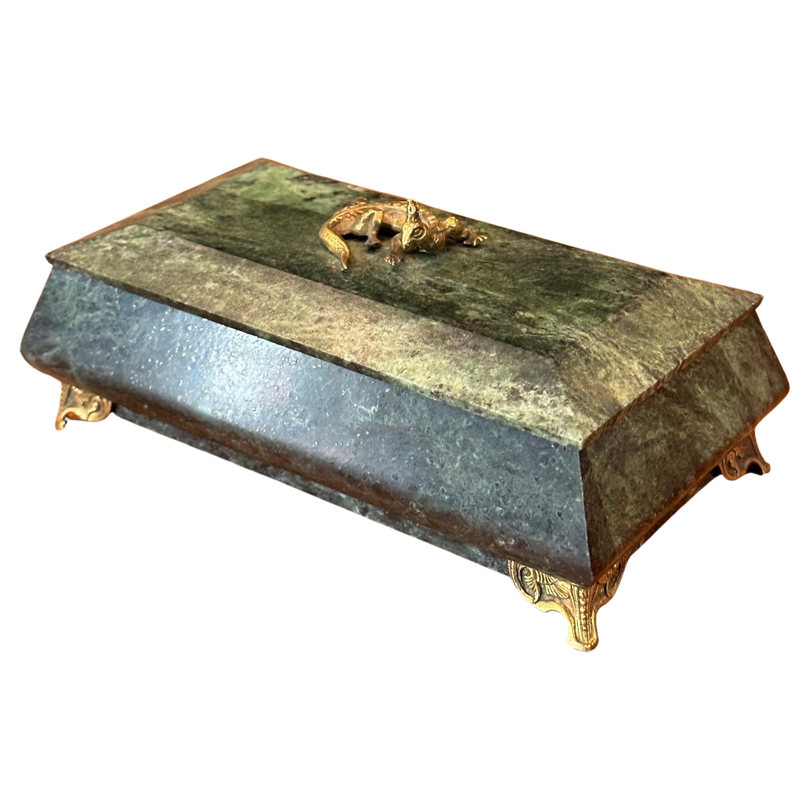 MCM Lidded Green Marble Trinket Box with Brass Accents For Sale 7