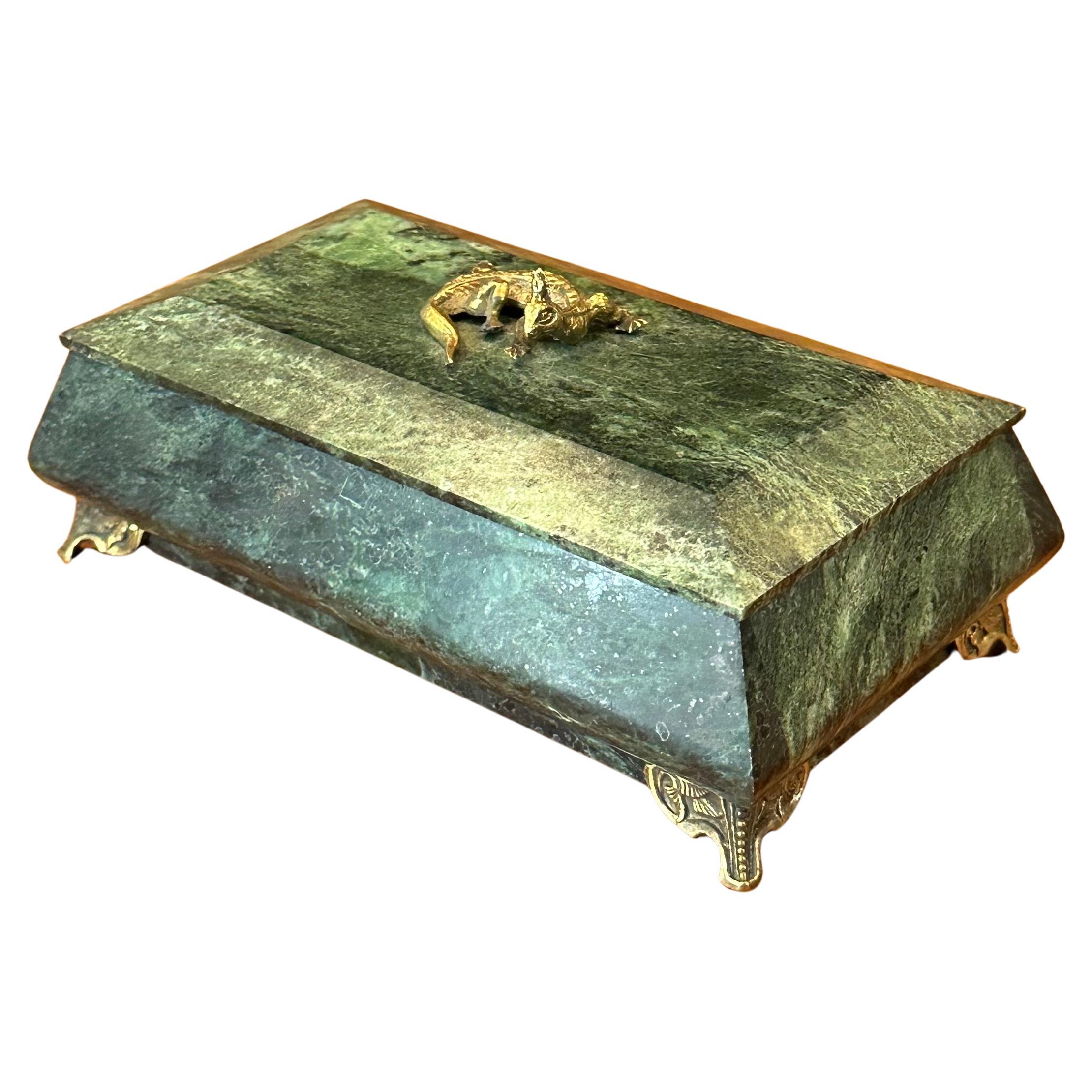 Mid-Century Modern MCM Lidded Green Marble Trinket Box with Brass Accents For Sale