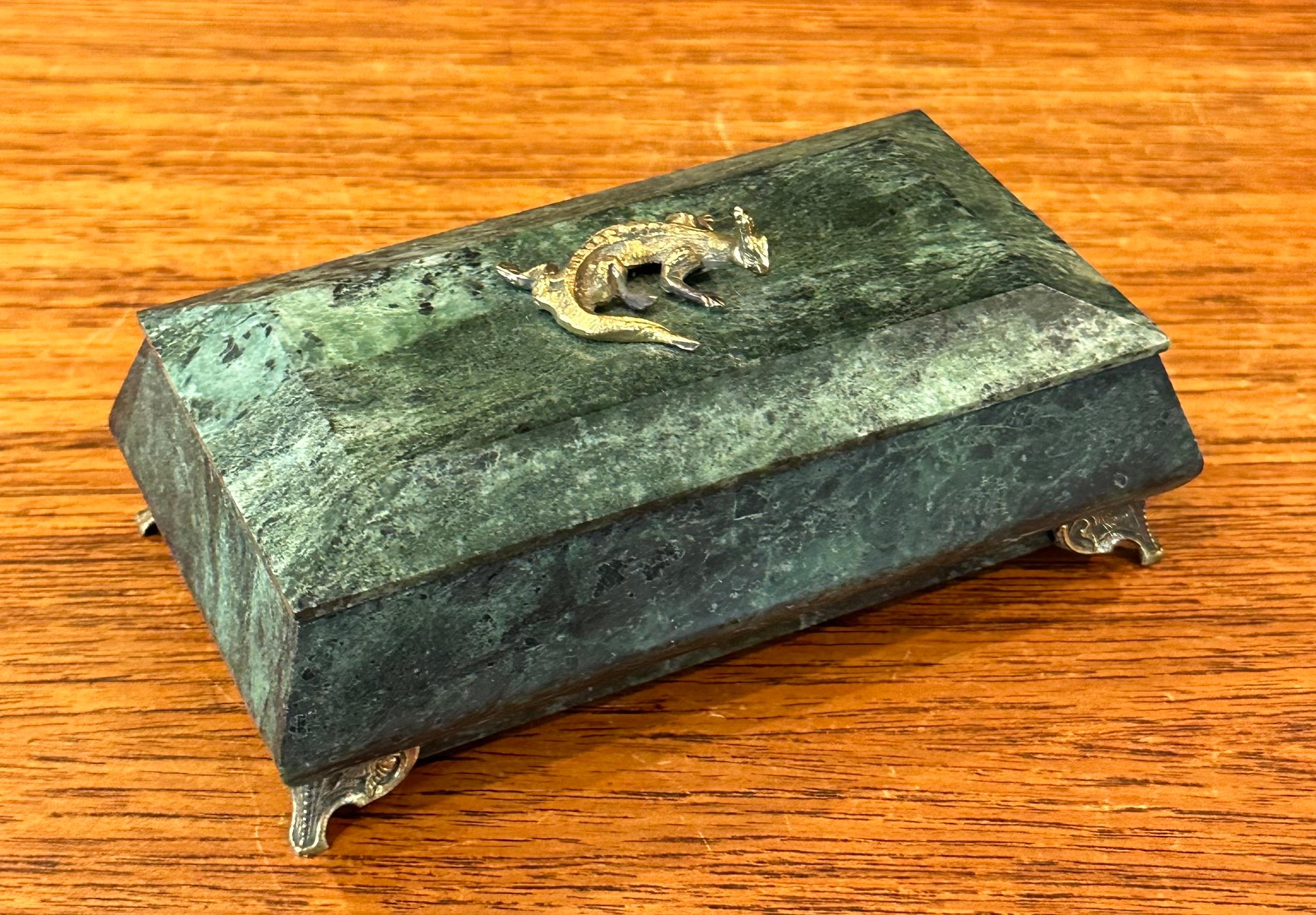 Italian MCM Lidded Green Marble Trinket Box with Brass Accents For Sale