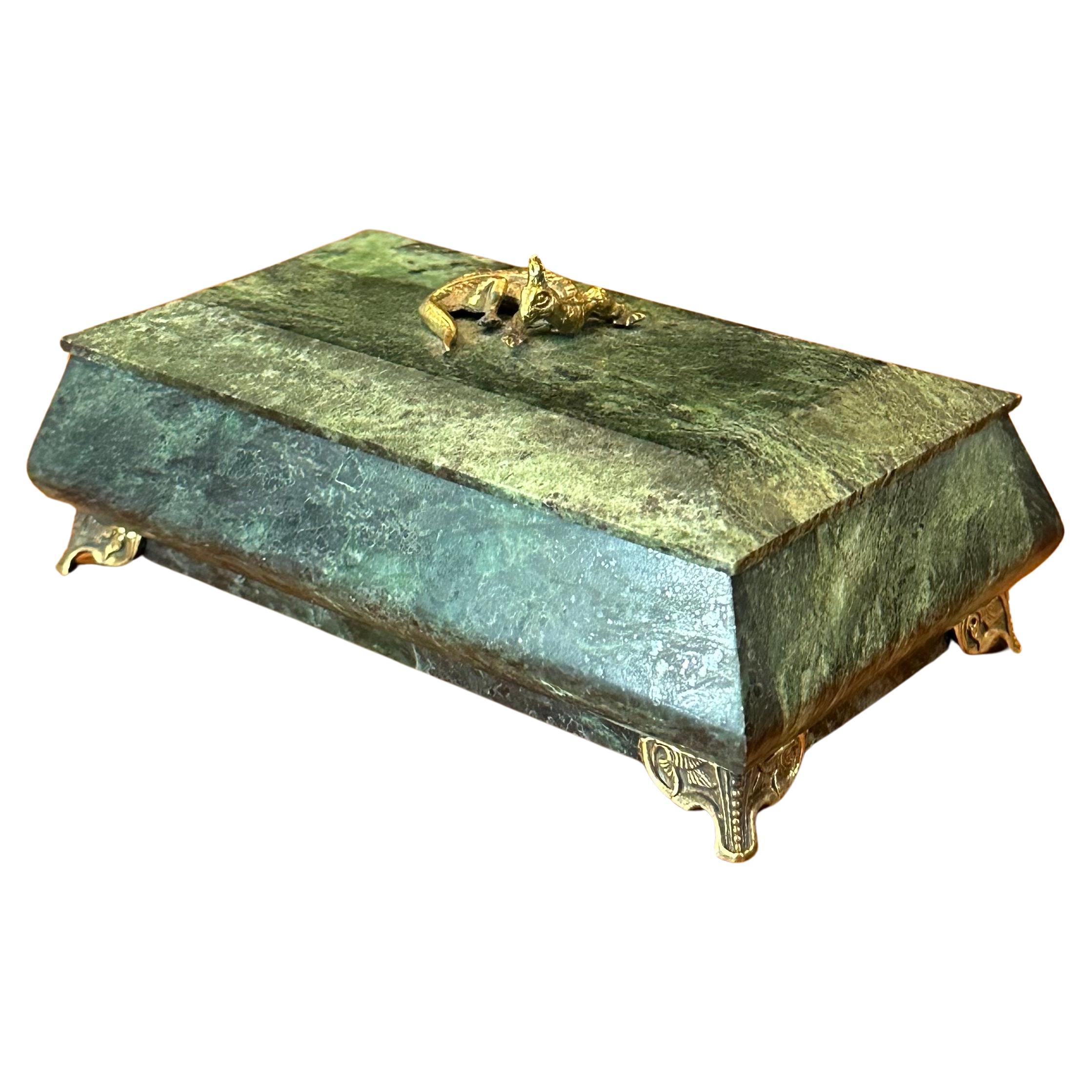 MCM Lidded Green Marble Trinket Box with Brass Accents For Sale
