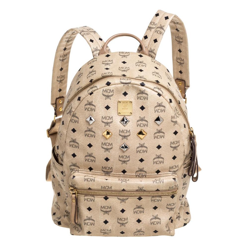 MCM Stark Visetos Mini Studded Coated Canvas Beige Backpack