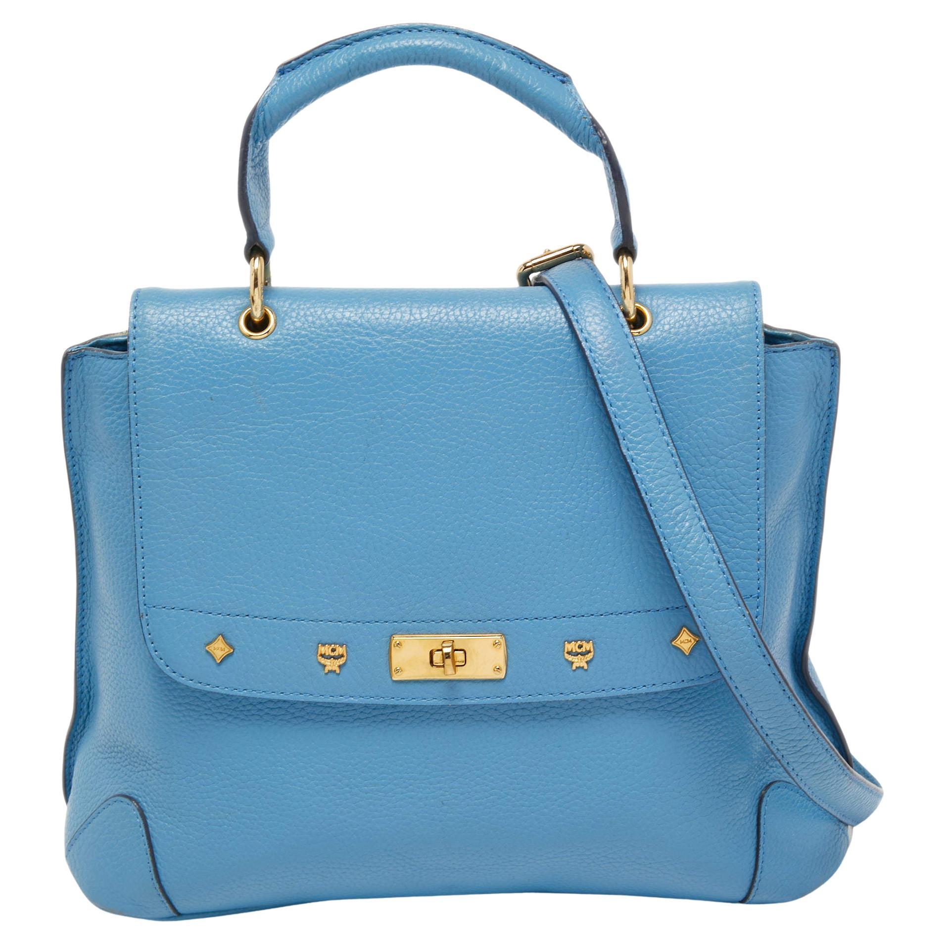MCM Light Blue Leather First Lady Top Handle Bag