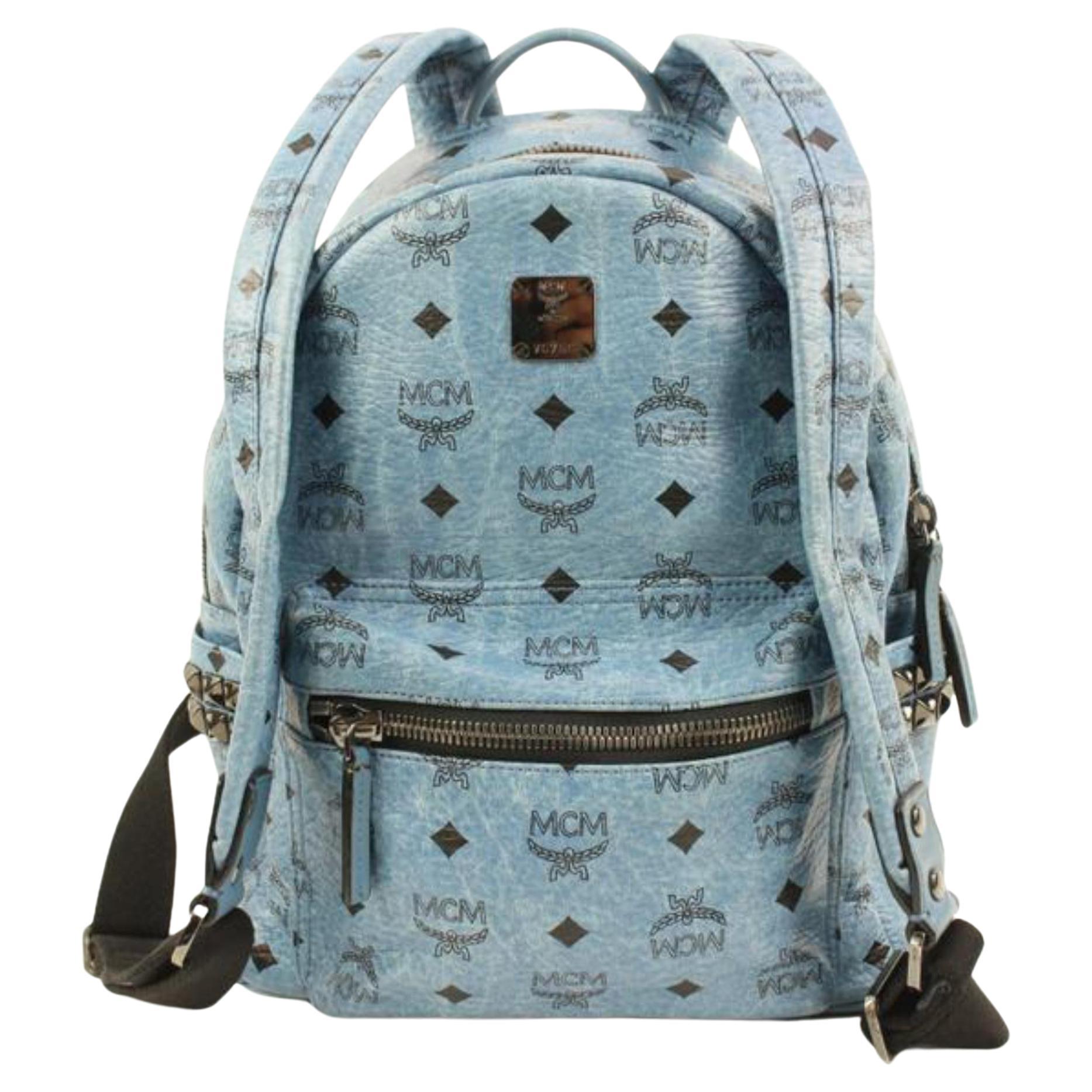 MCM Visetos Studded Medium Stark Backpack White Blue 287437