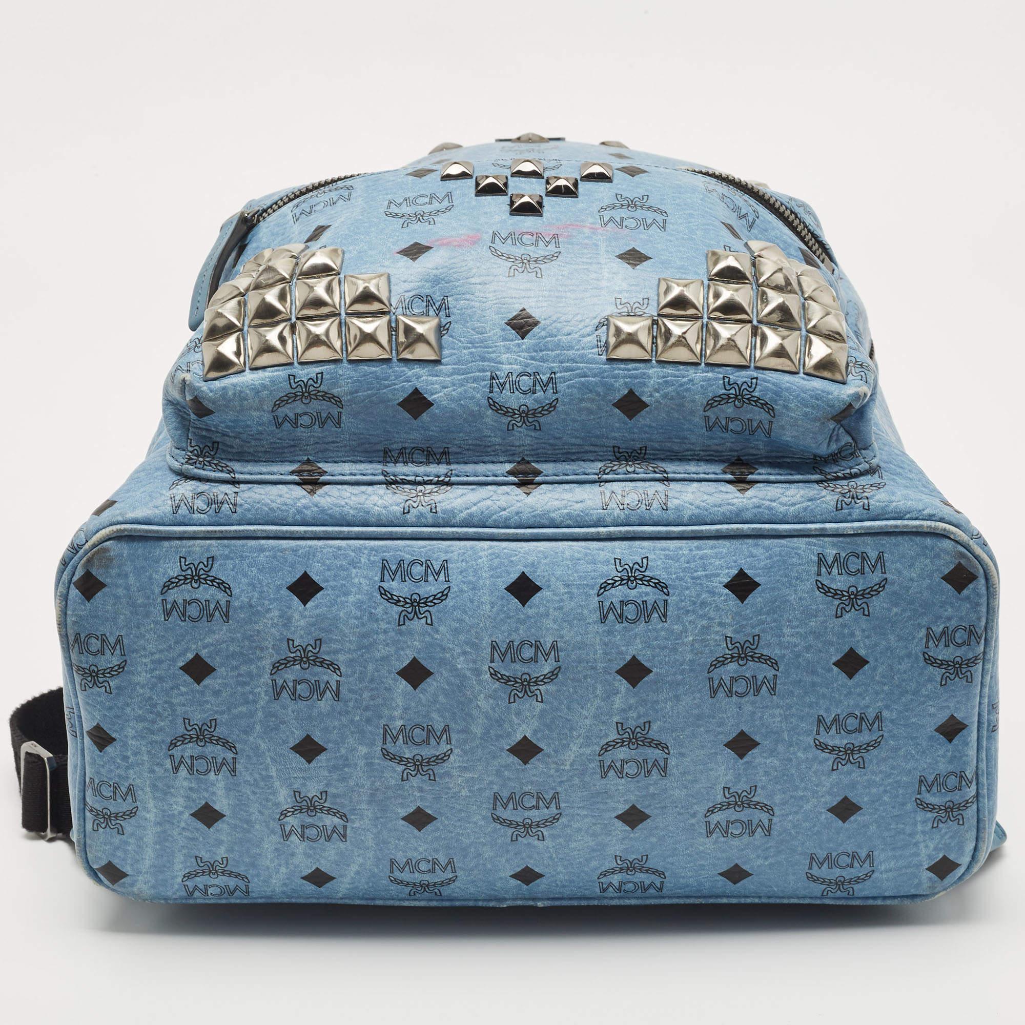 MCM Light Blue Visetos Coated Canvas and Leather Studs Backpack 10