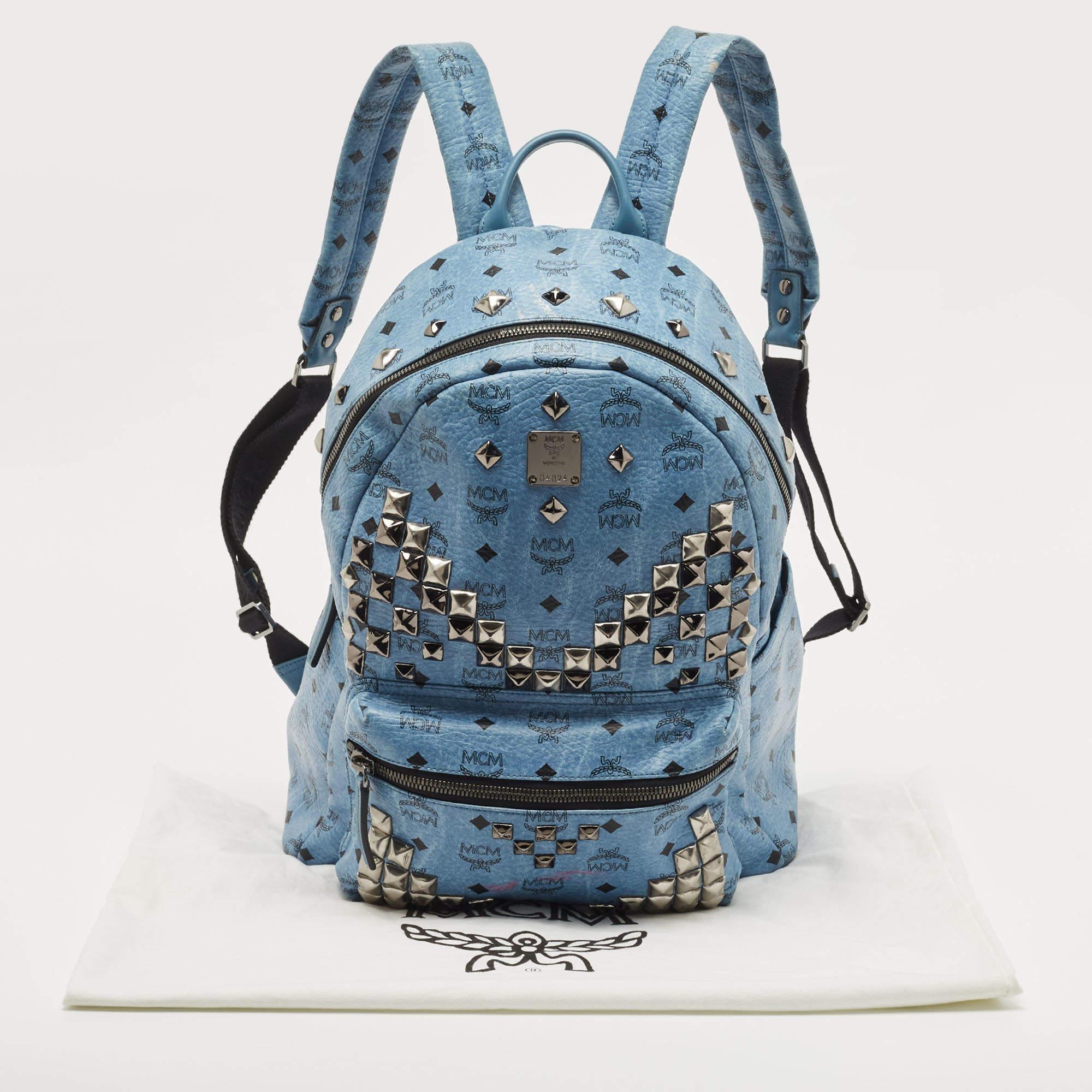 MCM Light Blue Visetos Coated Canvas and Leather Studs Backpack 15