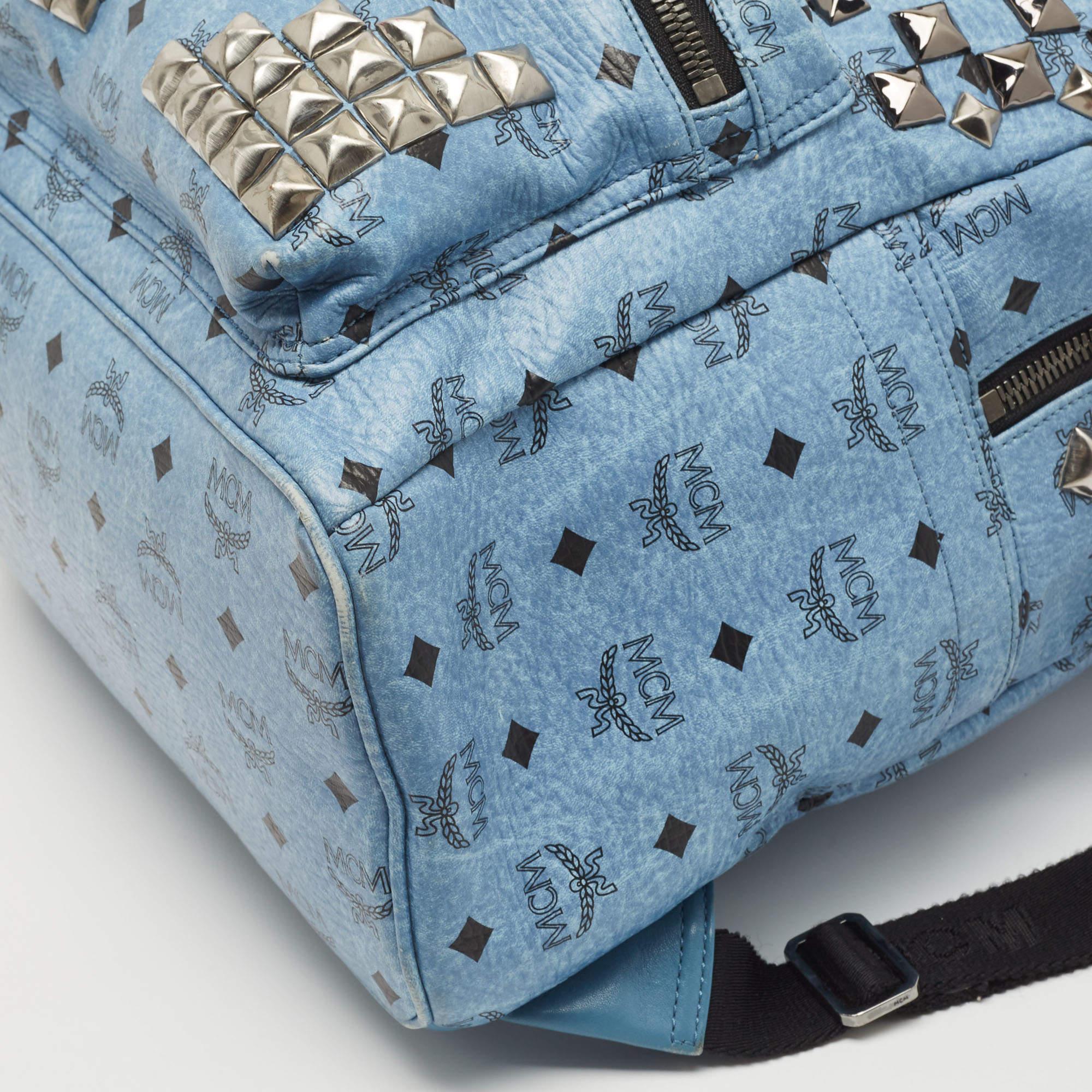 MCM Light Blue Visetos Coated Canvas and Leather Studs Backpack In Good Condition In Dubai, Al Qouz 2