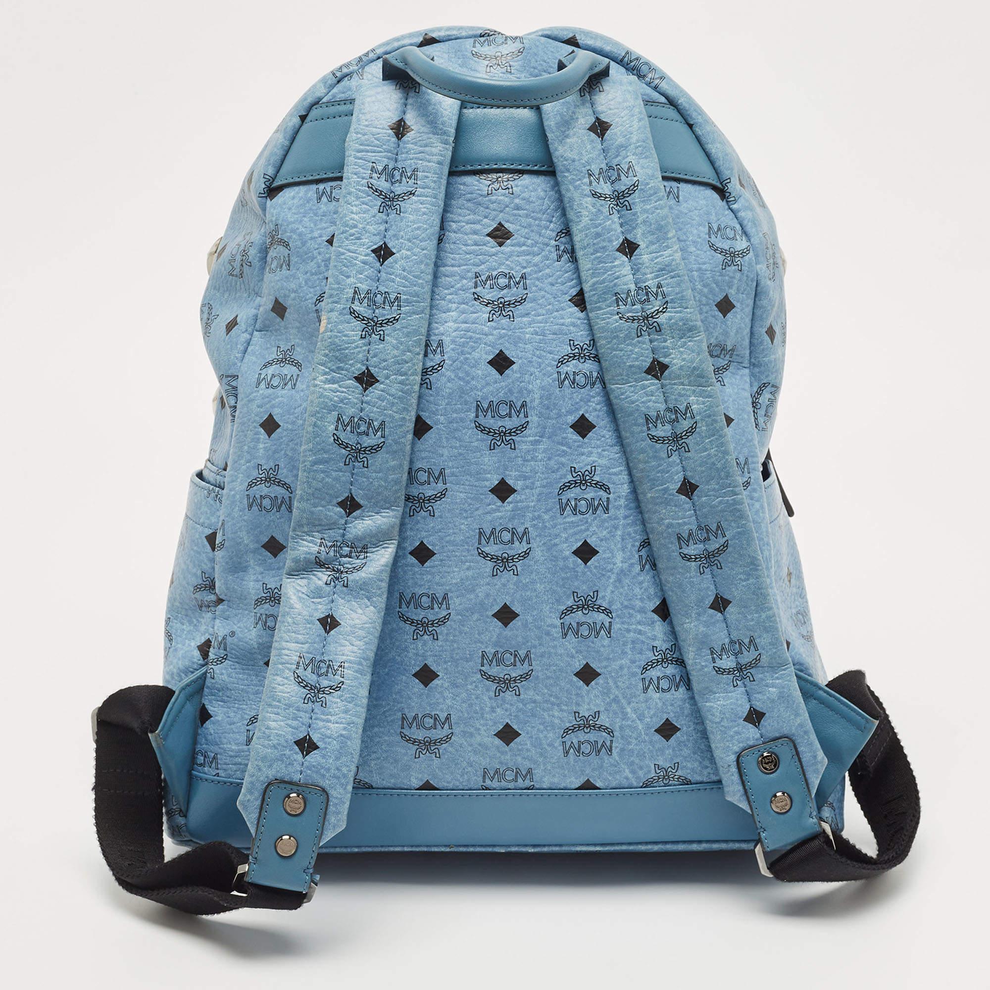 Women's MCM Light Blue Visetos Coated Canvas and Leather Studs Backpack