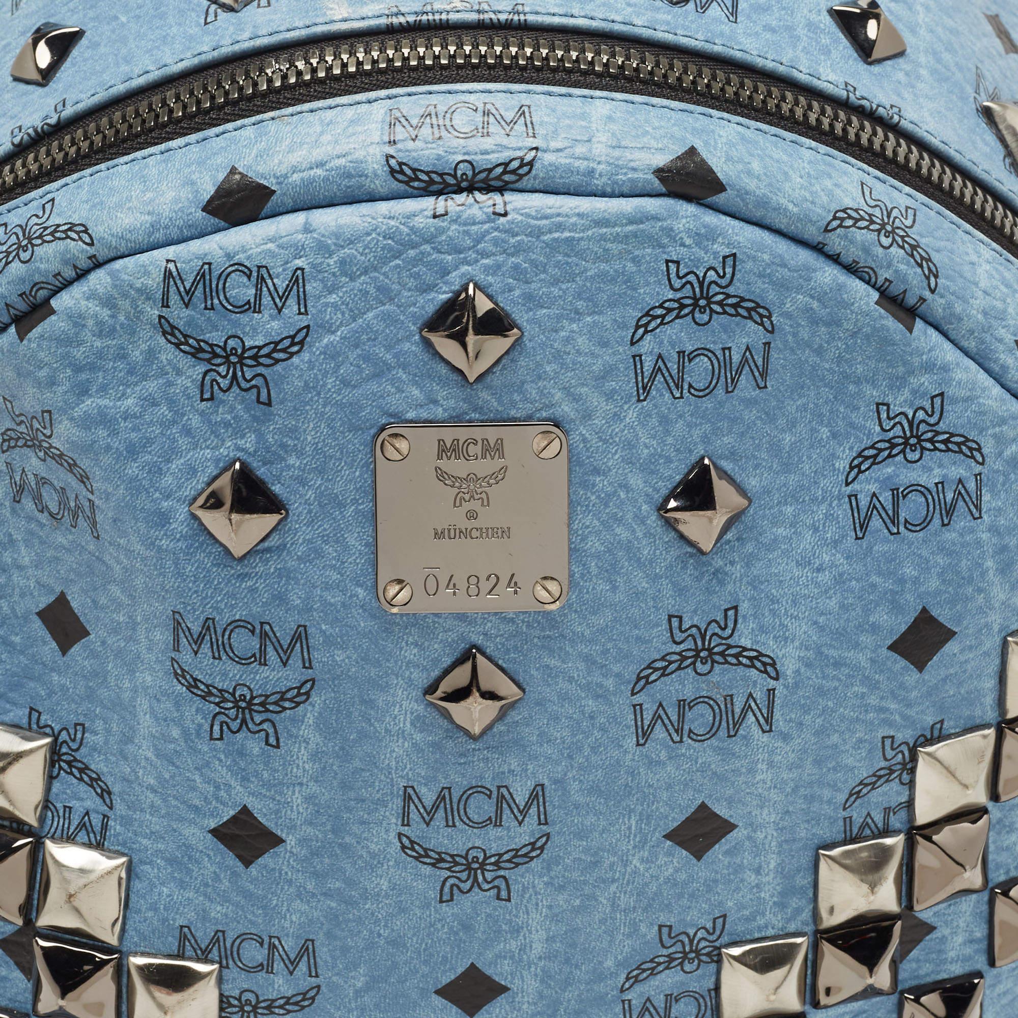 MCM Light Blue Visetos Coated Canvas and Leather Studs Backpack 2