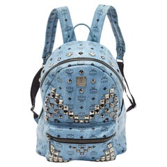 MCM Light Blue Visetos Rucksack aus beschichtetem Canvas und Leder mit Nieten