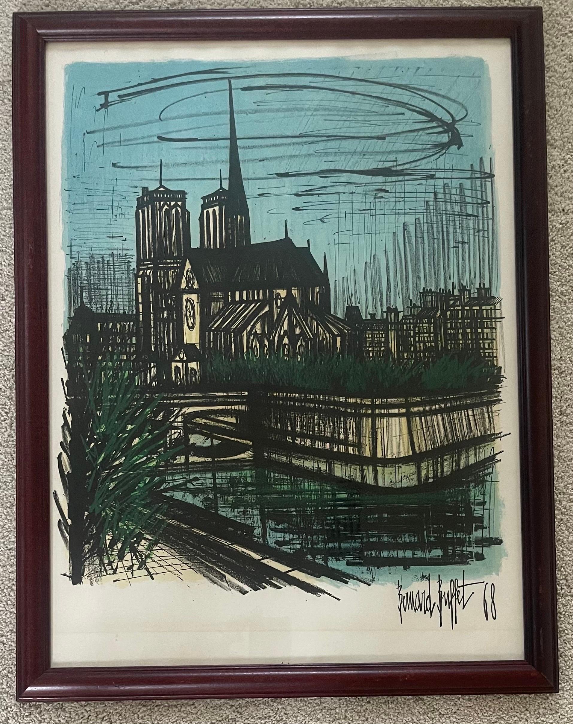 Beautiful framed original MCM lithograph of cathedral Notre Dame in Paris, France by Bernard Buffet, circa 1968. The piece is signed in plate, in good vintage condition and measures 16.75