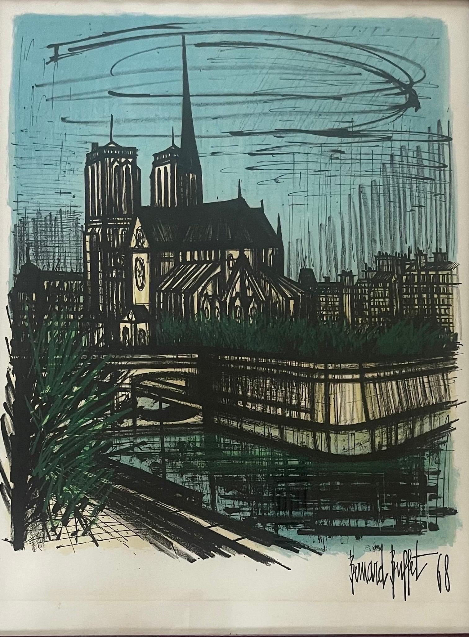 Mid-Century Modern MCM Lithograph of Cathedral Notre Dame by Bernard Buffet For Sale