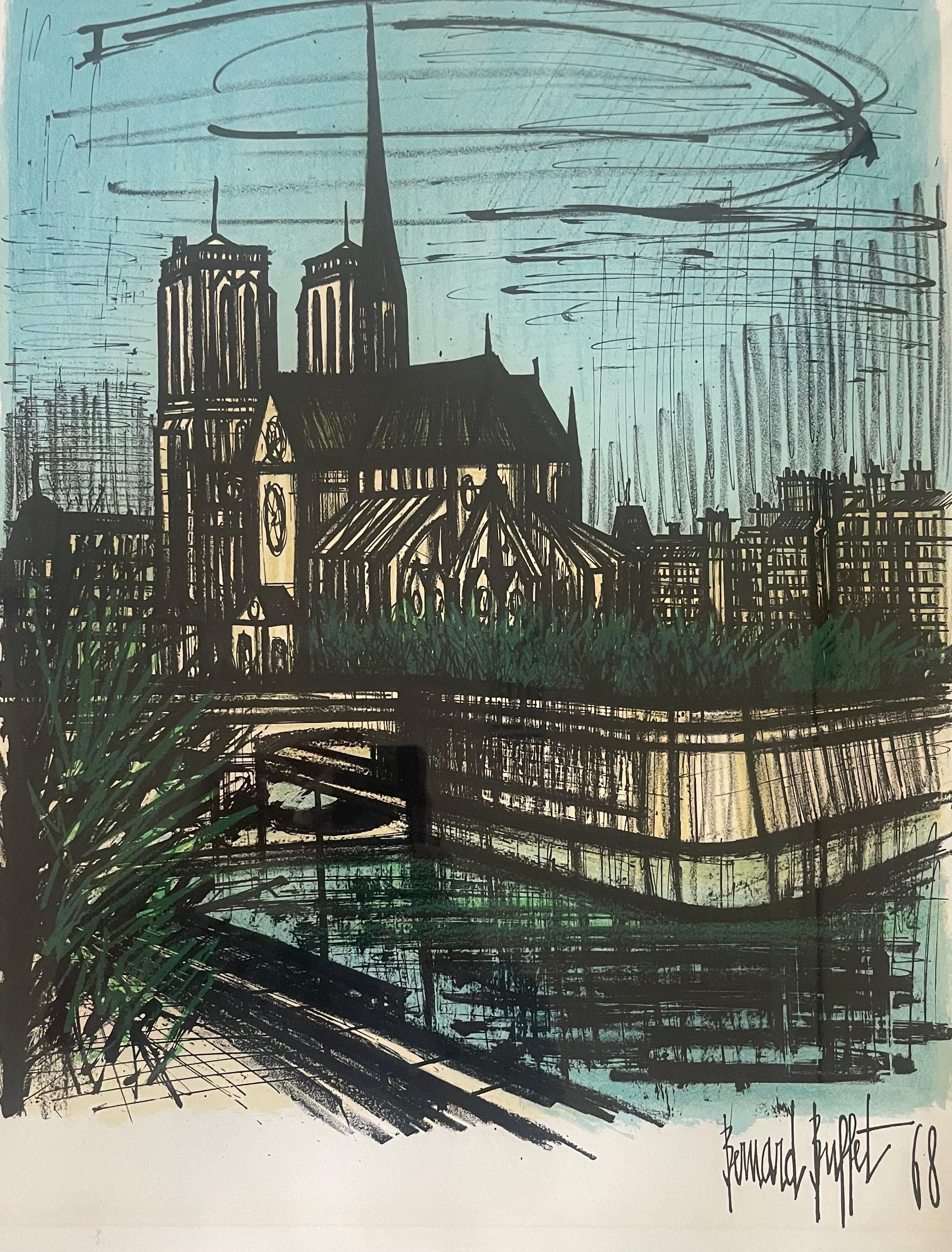 French MCM Lithograph of Cathedral Notre Dame by Bernard Buffet For Sale