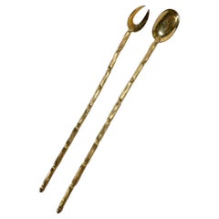 Vintage MCM Long Handled Bar Stir Spoon & Olive Fork, Gold Bamboo Motif by Napier Co.