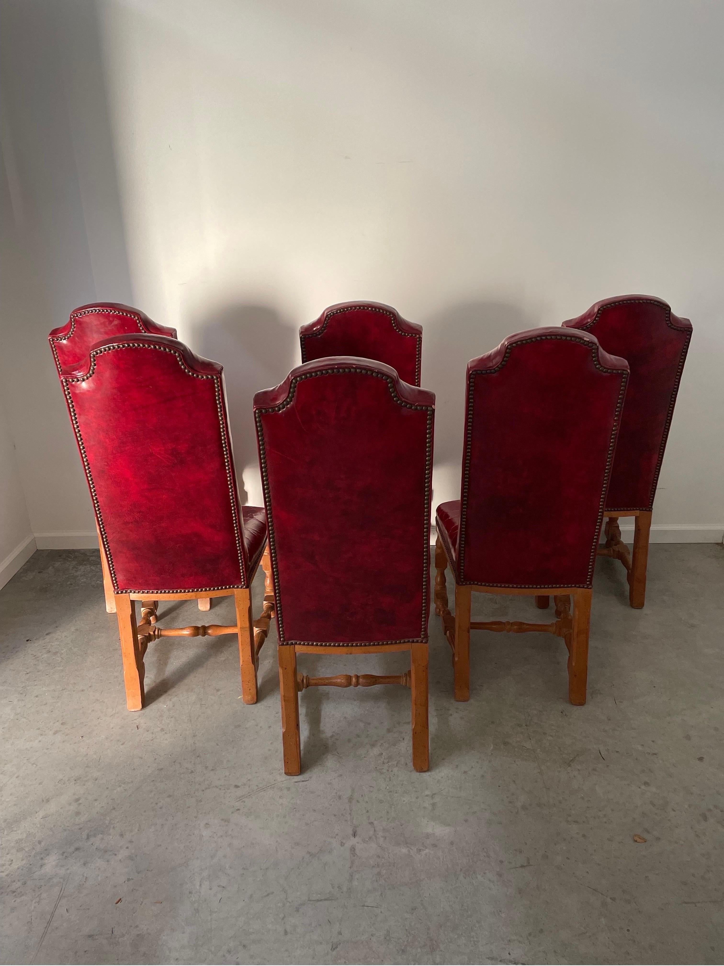 MCM Louis XIII Style French Oak Dining Chairs Red Os De Mouton - Set of 6 For Sale 5