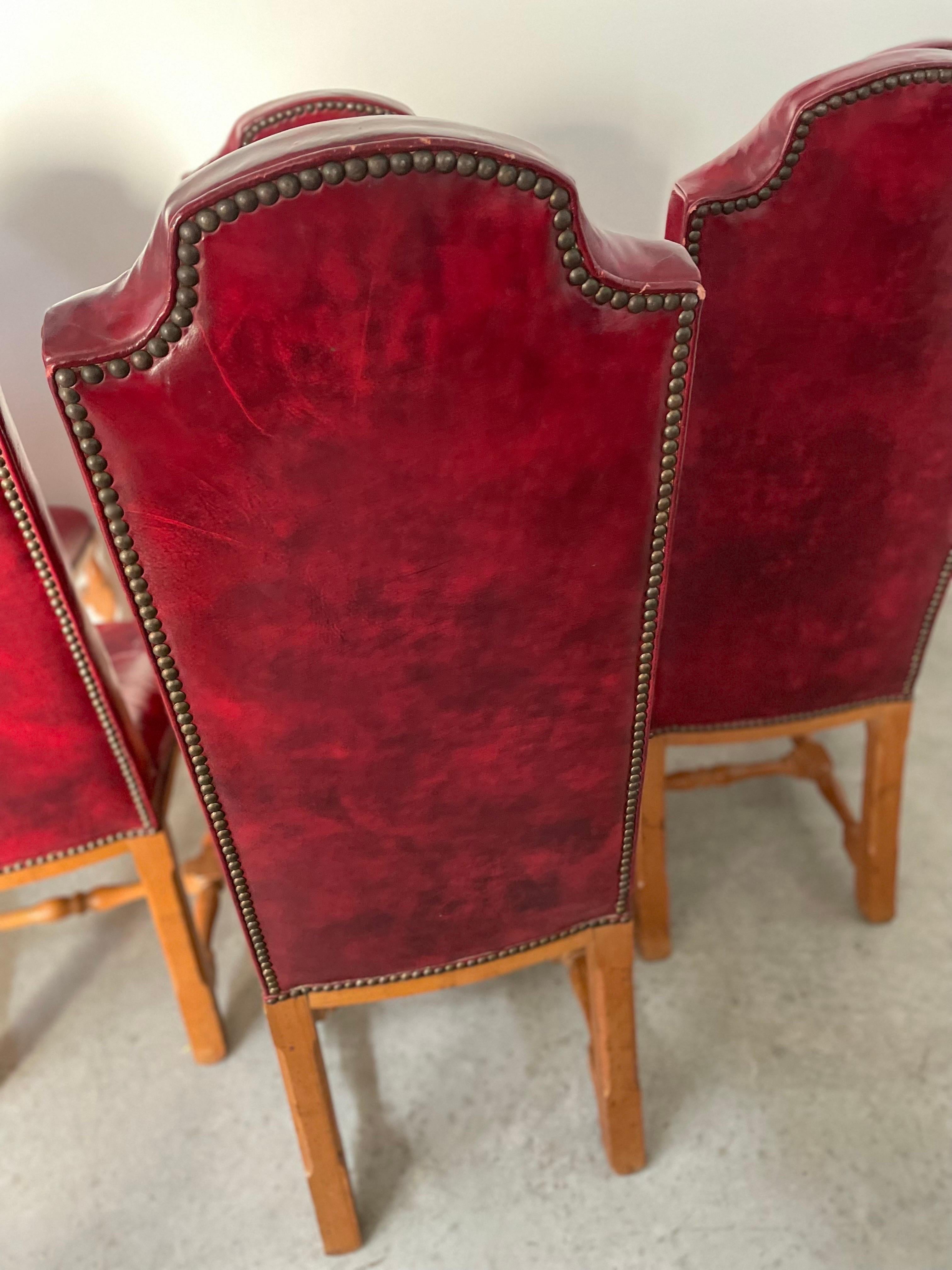 MCM Louis XIII Style French Oak Dining Chairs Red Os De Mouton - Set of 6 For Sale 7