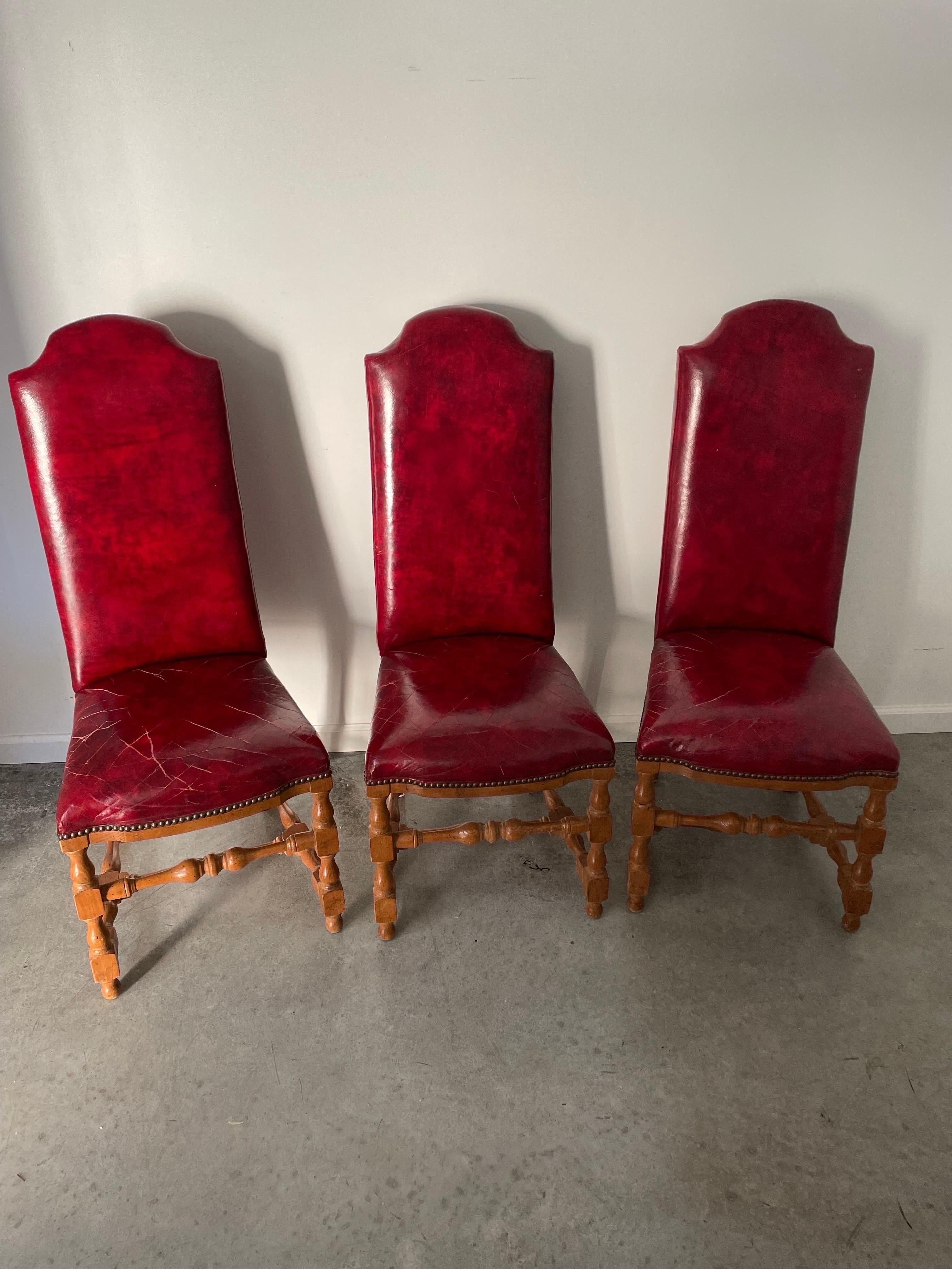 MCM Louis XIII Style French Oak Dining Chairs Red Os De Mouton - Set of 6 For Sale 11