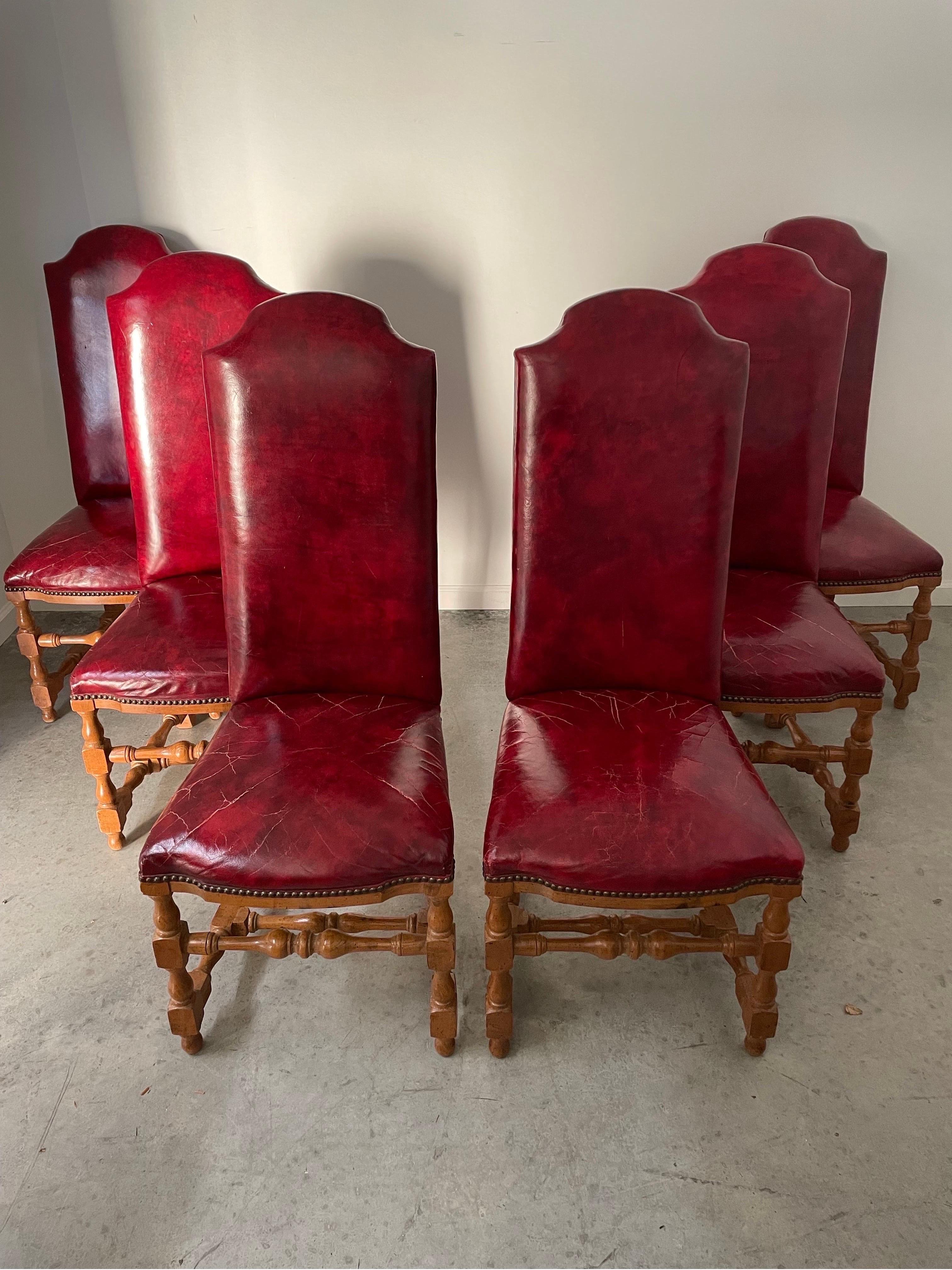 MCM Louis XIII Style French Oak Dining Chairs Red Os De Mouton - Set of 6 In Good Condition For Sale In Cookeville, TN