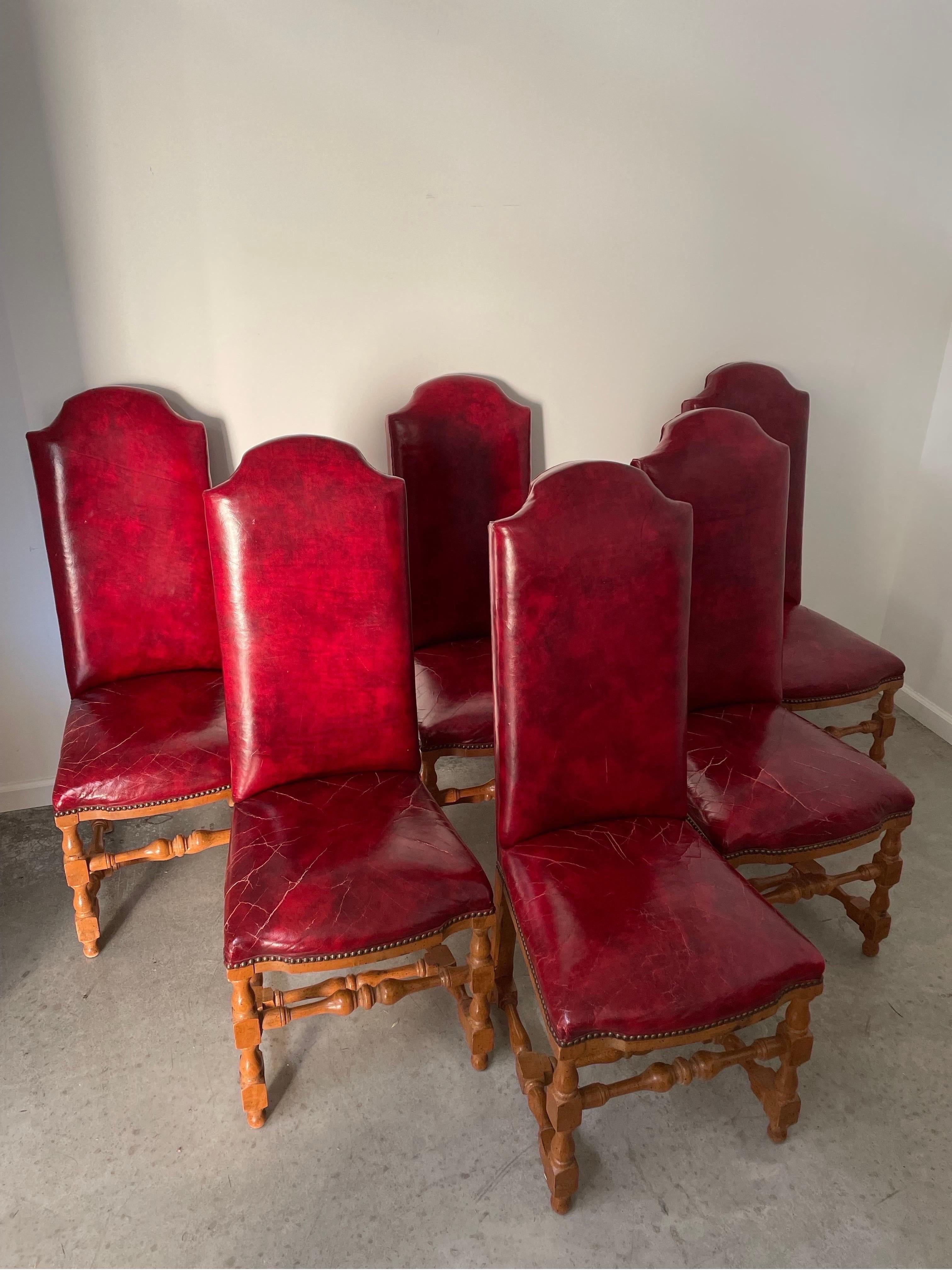 20th Century MCM Louis XIII Style French Oak Dining Chairs Red Os De Mouton - Set of 6 For Sale