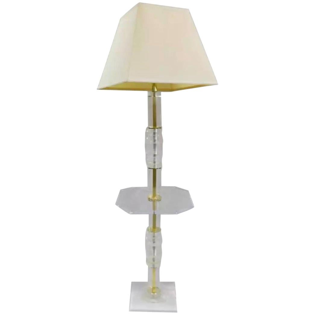 MCM Lucite Brass Table Floor Lamp-Geometric Design For Sale