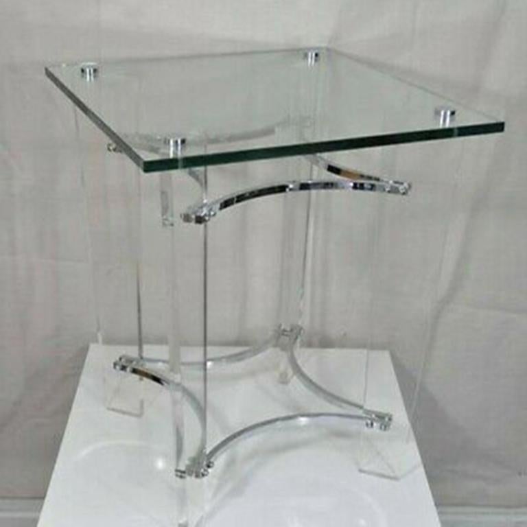 Mid-Century Modern MCM Lucite Chrome Glass Square Sculptural Side Table after Charles Hollis Jones For Sale