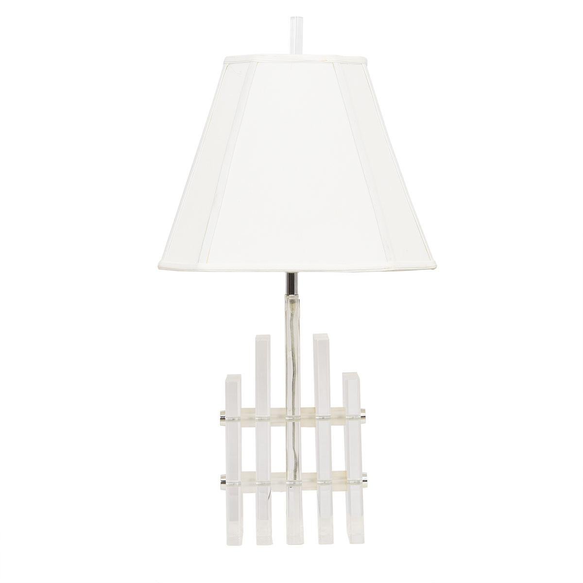 MCM Lucite Table Lamp

Additional information:
Material: Lucite
Featured at Kensington.
Staggered bars of lucite form a building shape base on this mod table lamp.

Dimension: W 8.25? x D 4? x H 17?