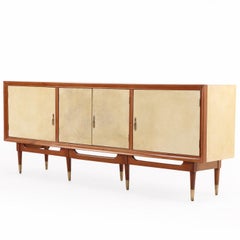 MCM Mahogany Sideboard with Argent Parchment-Covered Doors, C. 1950