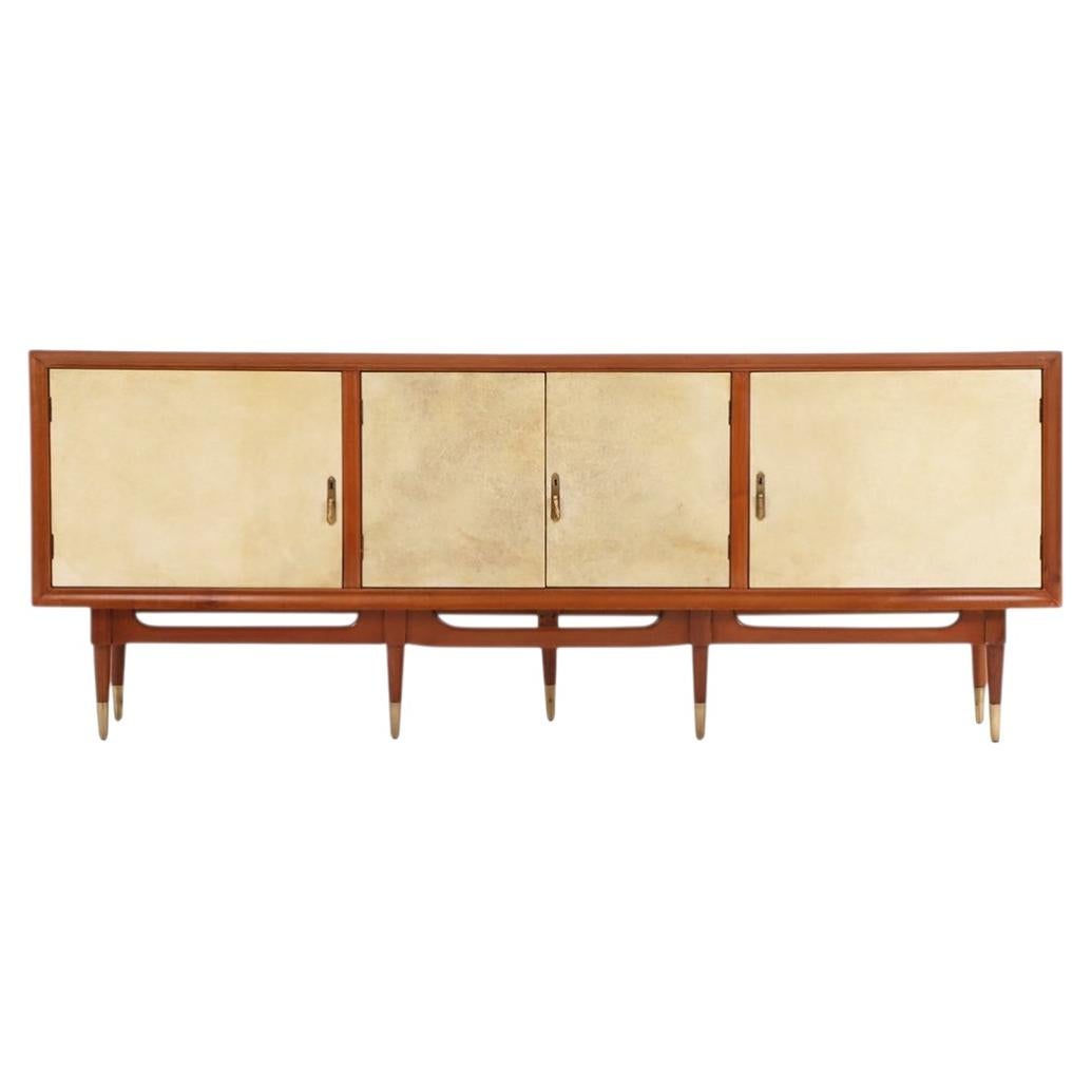 MCM Mahogany Sideboard with Argent Parchment-Covered Doors, C. 1950
