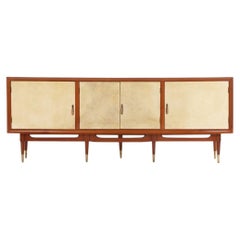 MCM Mahogany Sideboard with Argent Parchment-Covered Doors, C. 1950