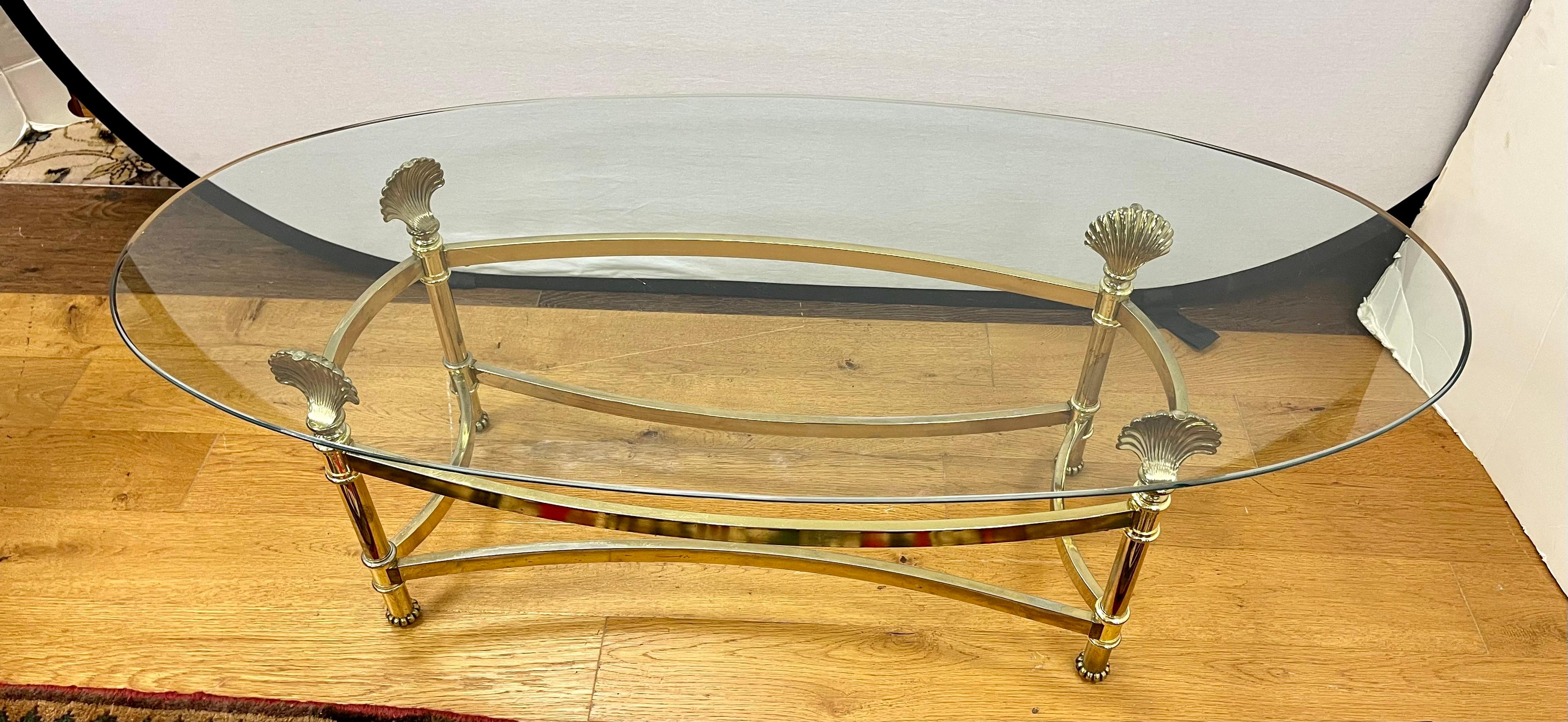 American MCM Maison Jansen Inspired Brass Shell and Glass Oval Cocktail Coffee Table